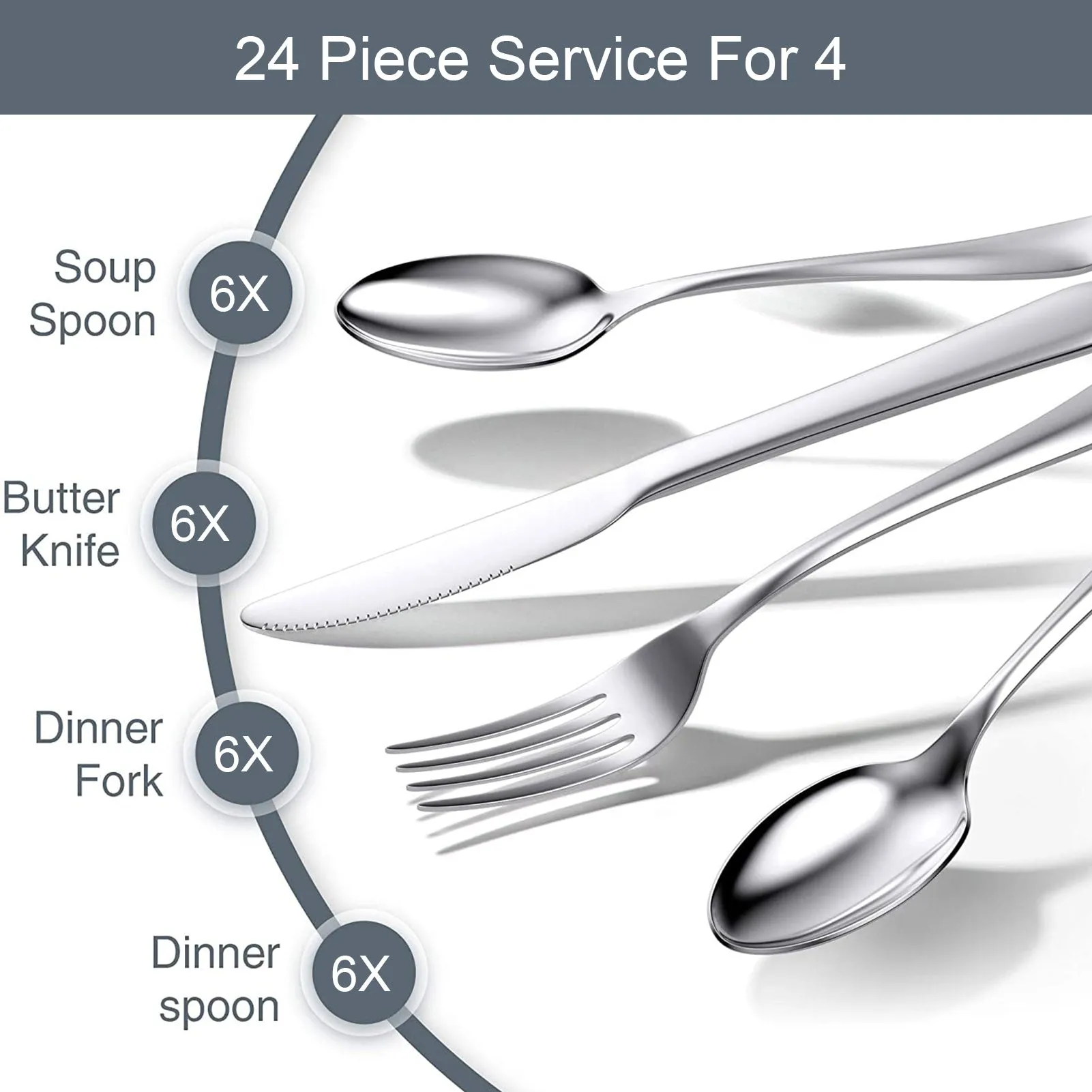 24 Piece Silverware Flatware Cutlery Set, Stainless Steel Utensils Service for 6