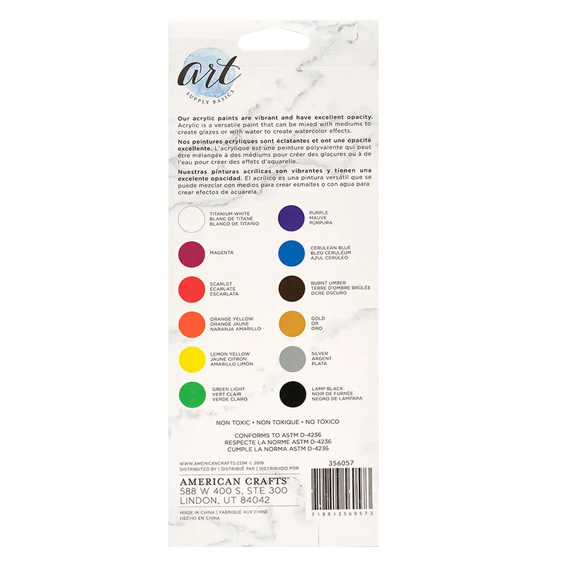 American Crafts - Art Supply Basics Collection - Professional Acrylic Paint Set - 12 Pieces