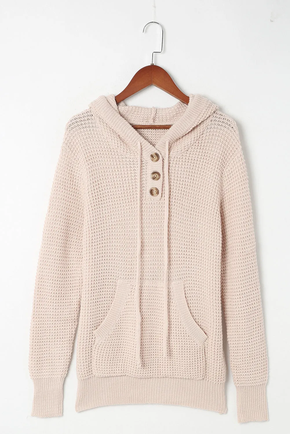 Apricot Buttons Pocket Cable Knit Hooded Sweater