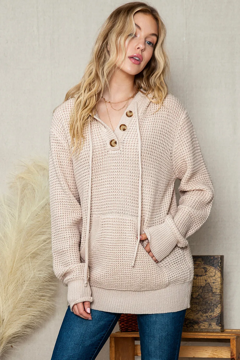 Apricot Buttons Pocket Cable Knit Hooded Sweater