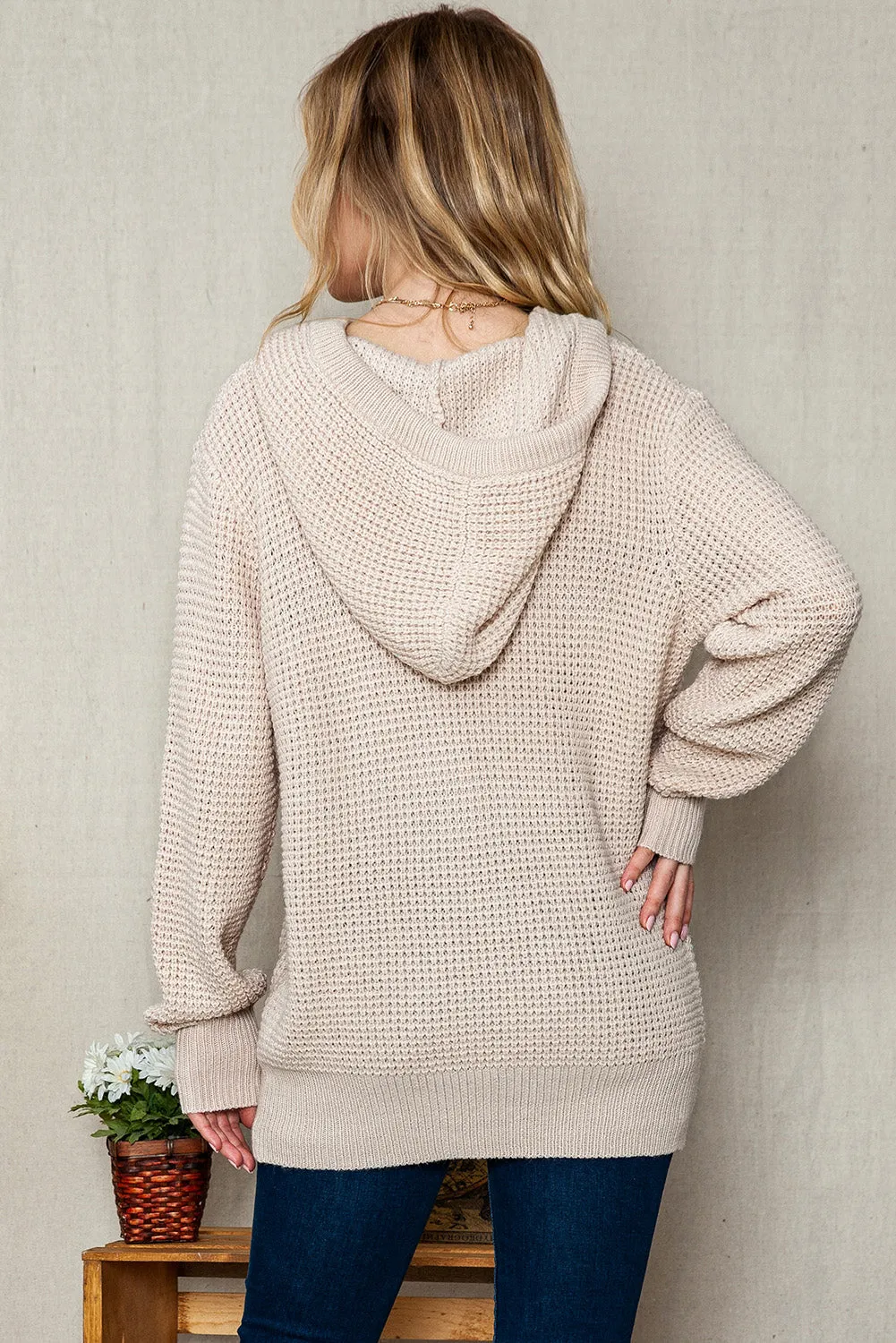 Apricot Buttons Pocket Cable Knit Hooded Sweater