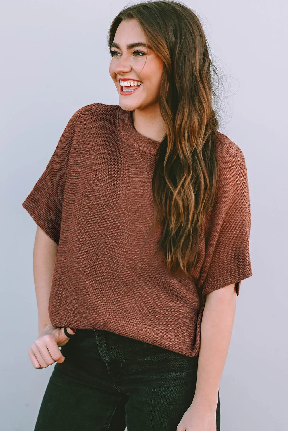 Coffee Mock Neck Short Batwing Sleeve Sweater