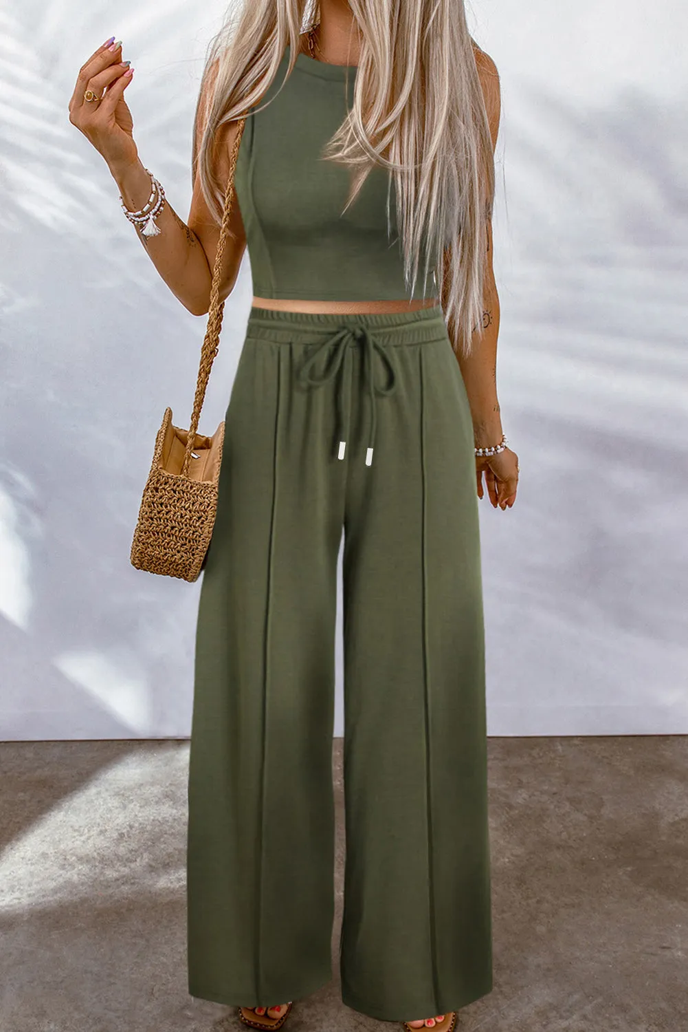 Jungle Green Solid Cropped Tank Top and Wide Leg Pants Set