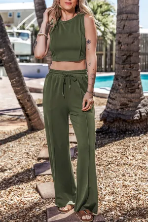 Jungle Green Solid Cropped Tank Top and Wide Leg Pants Set