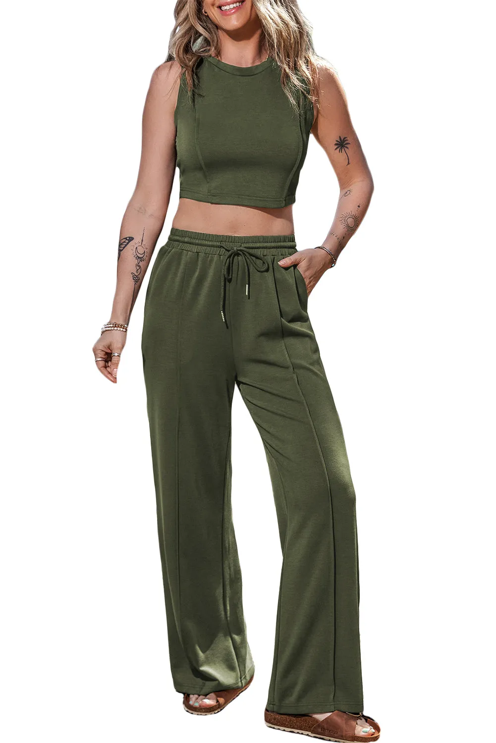 Jungle Green Solid Cropped Tank Top and Wide Leg Pants Set