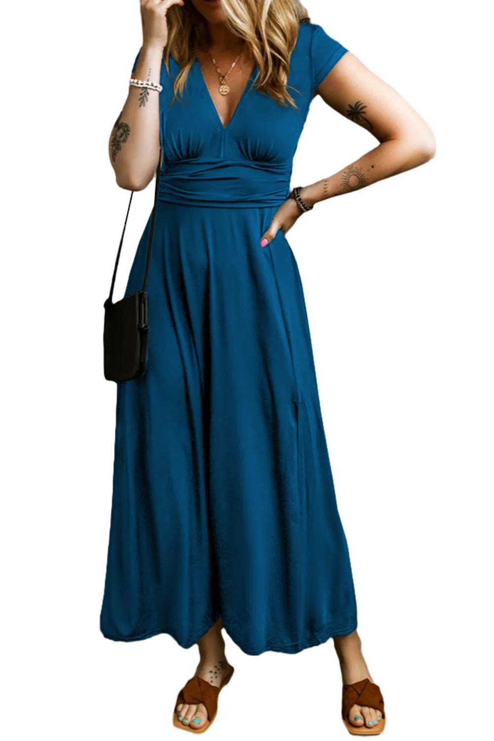 Peacock Blue Deep V Neck Ruched High Waist Maxi Dress