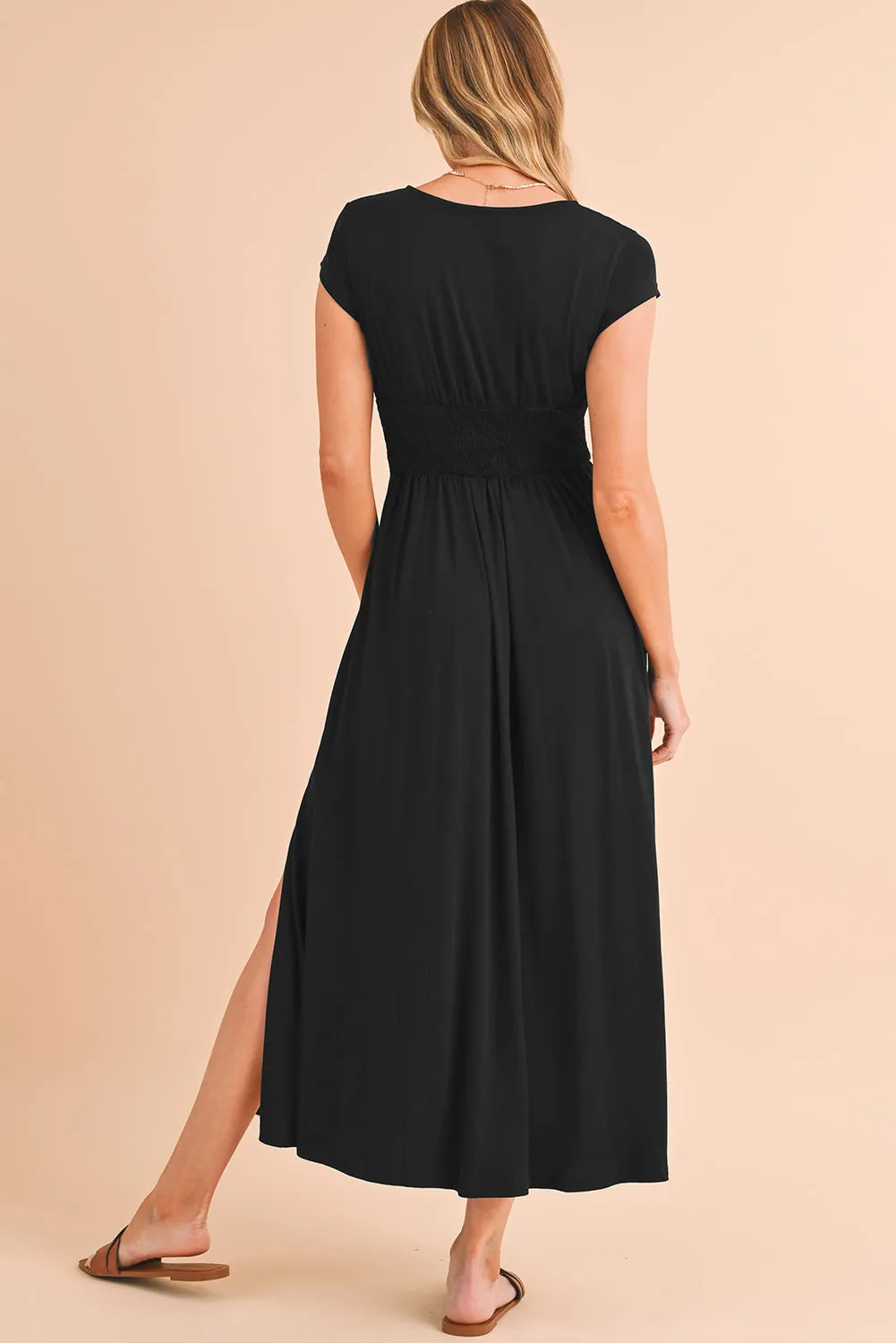 Peacock Blue Deep V Neck Ruched High Waist Maxi Dress