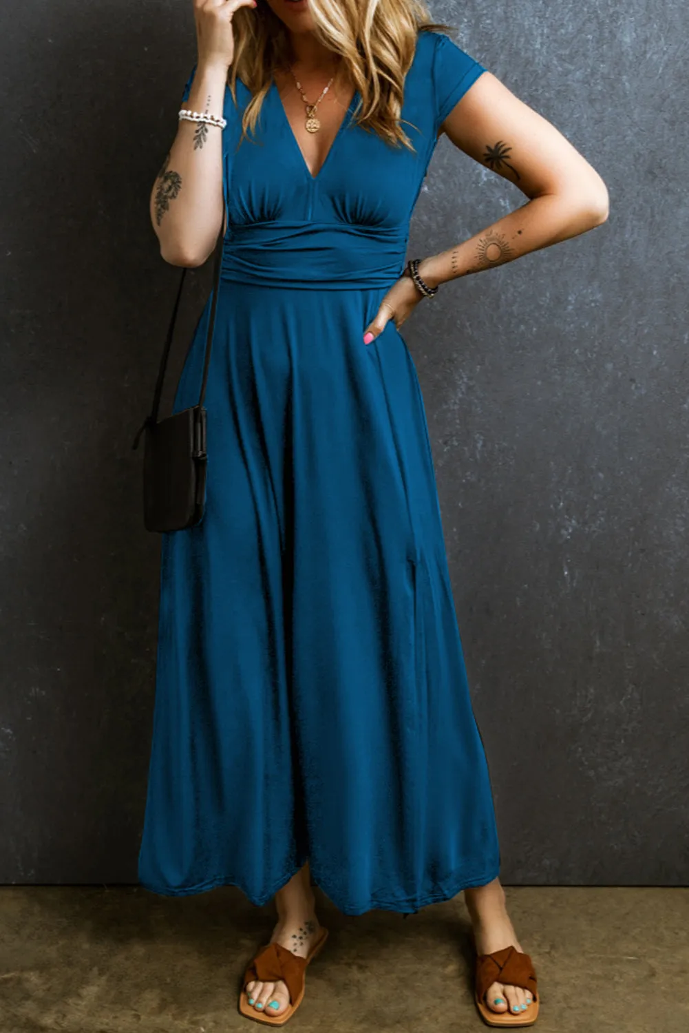 Peacock Blue Deep V Neck Ruched High Waist Maxi Dress