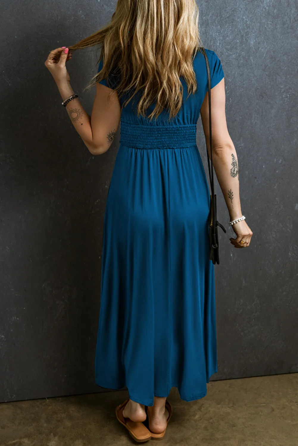 Peacock Blue Deep V Neck Ruched High Waist Maxi Dress