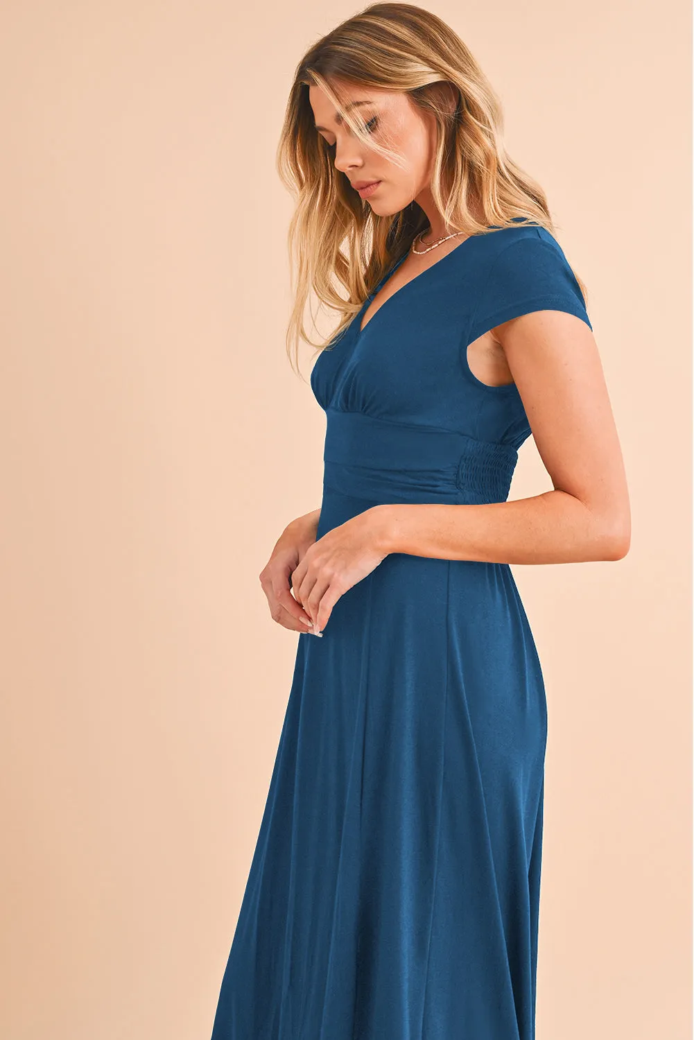 Peacock Blue Deep V Neck Ruched High Waist Maxi Dress