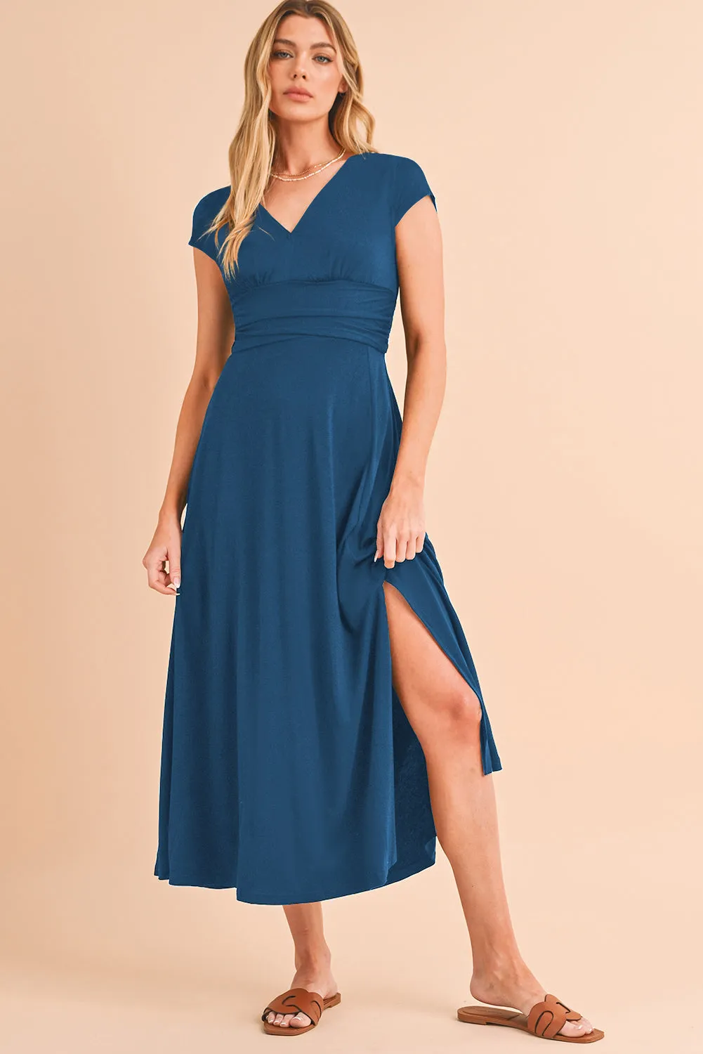 Peacock Blue Deep V Neck Ruched High Waist Maxi Dress