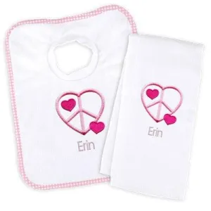 Personalized Basic Bib & Burp Cloth Set with Peace Heart