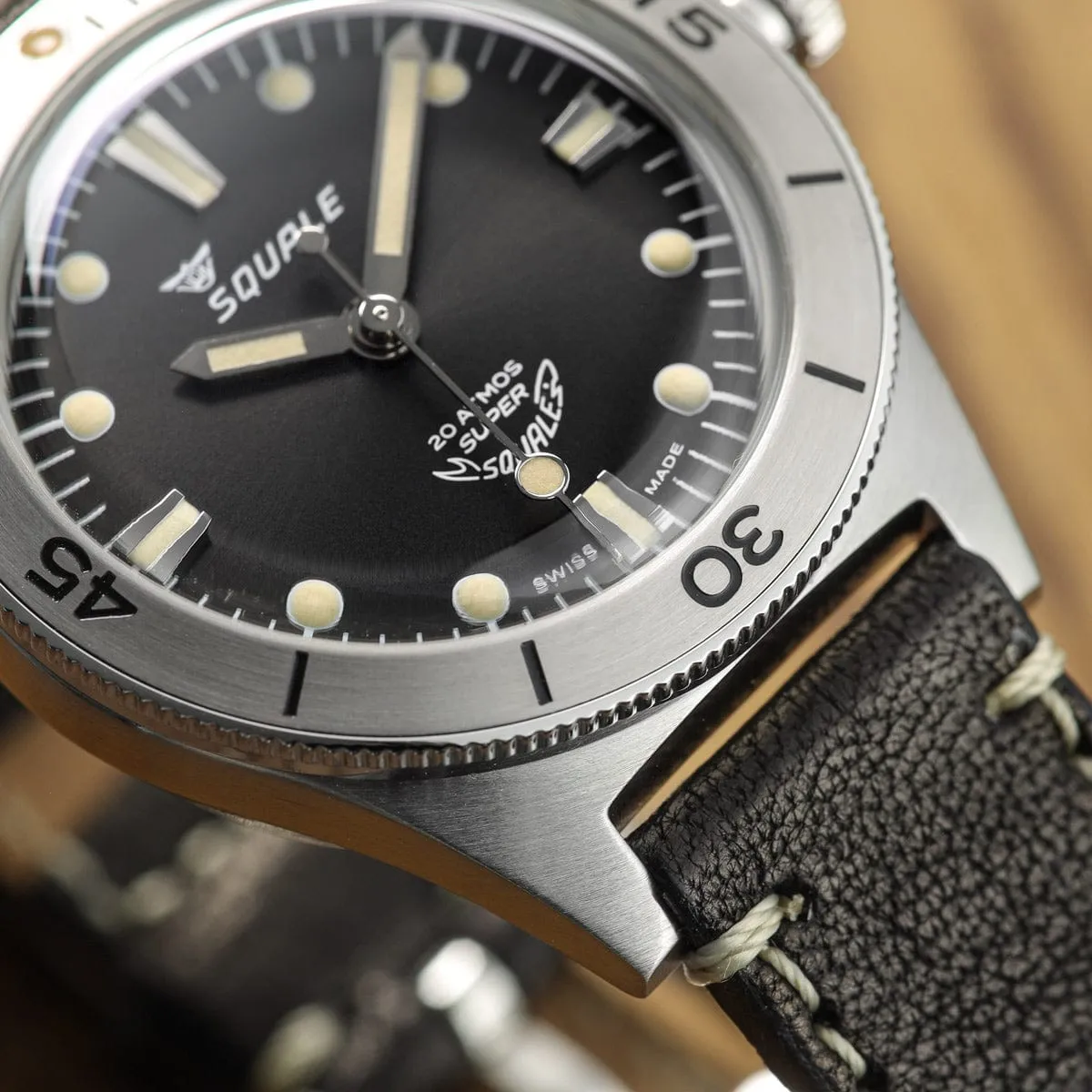 Super Squale Diver's Watch - Sunray Black Dial - Black Leather Strap