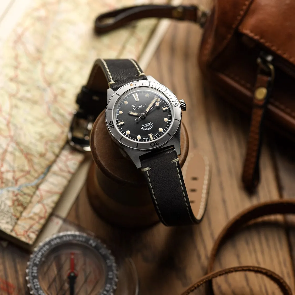 Super Squale Diver's Watch - Sunray Black Dial - Black Leather Strap